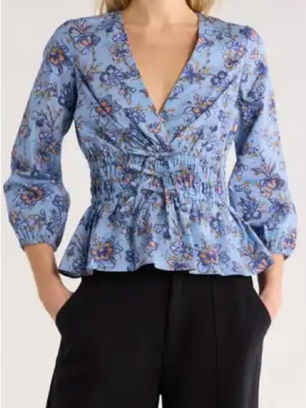 10 Crosby Derek Lam Sky Blue Floral V-Neck Smocked Peplum Blouse